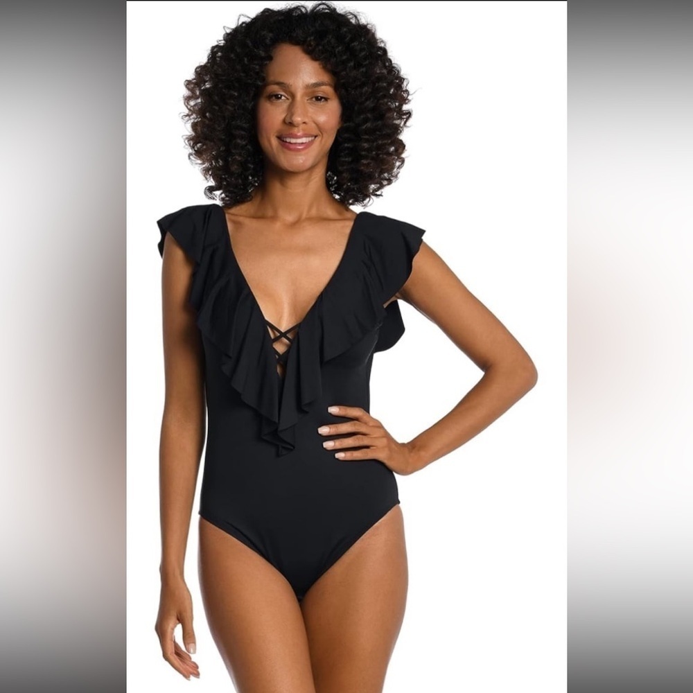 La Blanca Women's Island Goddess Over Shoulder Ruffle Plunge One Piece NWT  10